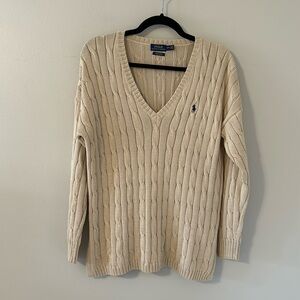Polo Ralph Lauren Womens Cotton V-Neck Cable Knit Sweater Tan Medium Preppy Chic